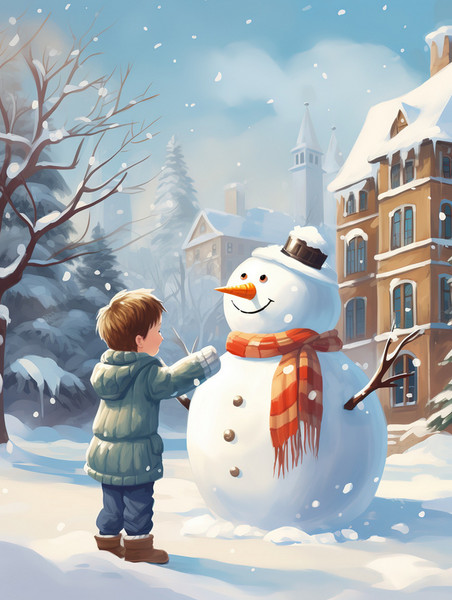 潮国创意院子里的雪人和小男孩7冬天堆雪人