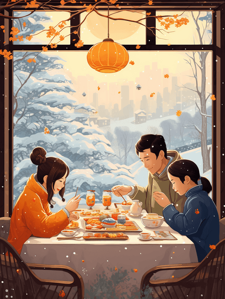潮国创意餐桌上的美食冬至节气卡通插画8一家人团圆饭除夕冬天