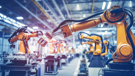 潮国创意工厂生产的机械工业机器人和机械臂工业革命和自动化制造过程中的人工智能概念