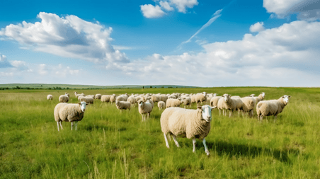 潮国创意白天在白云下的绿草地上的羊群草原