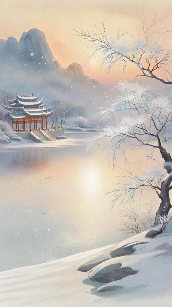 潮国创意肌理磨砂质感夕阳里的冬景雪景10中式意境浪漫冬天