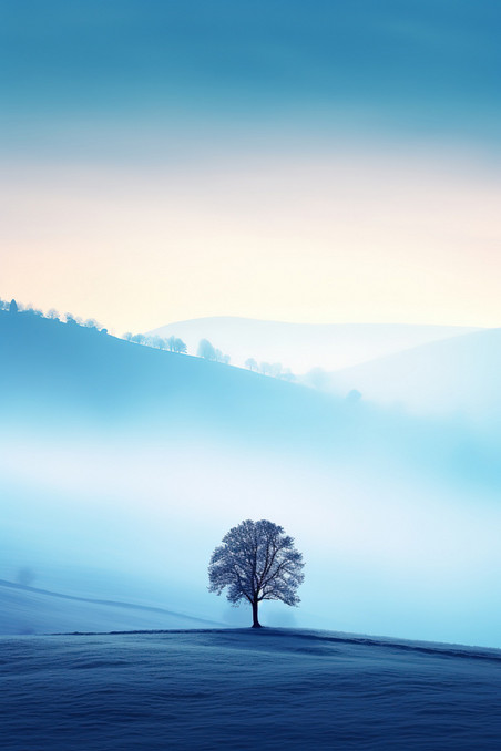 潮国创意浅蓝色雾蒙蒙孤独的树11大雾意境抽象植物风景