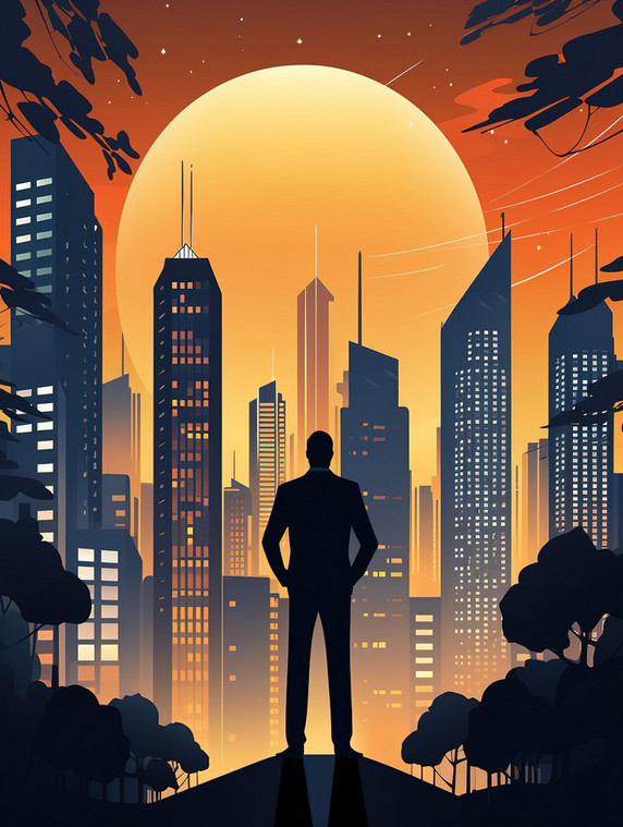 橙色创意商人站在现代大城市中扁平剪影插画老板商务人士