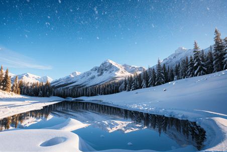 创意寒冷冬季户外积雪树木风景图291冬天雪景湖泊