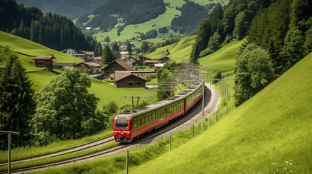 潮国创意夏天一列红色的长火车穿过瑞士阿尔卑斯山附近的绿色山谷旅游