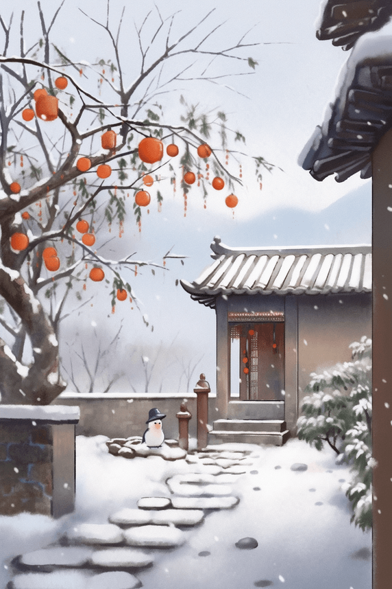 潮国创意插画冬天海报院内雪景手绘中国风小院