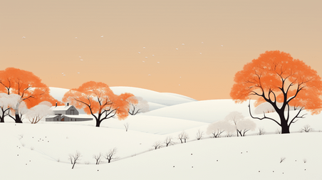 潮国创意橙色冬季雪景插画12简约意境
