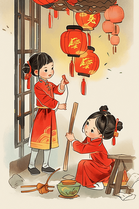 潮国创意孩子扫除手绘插画古典年俗春节过年