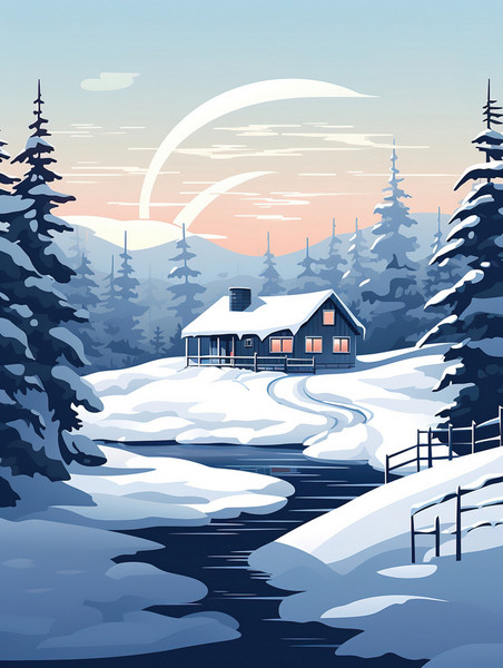 潮国创意白雪包围的冬季小屋17冬天雪景卡通森林扁平插画