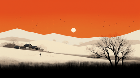 潮国创意橙色冬季田野风景插画26扁平简约抽象