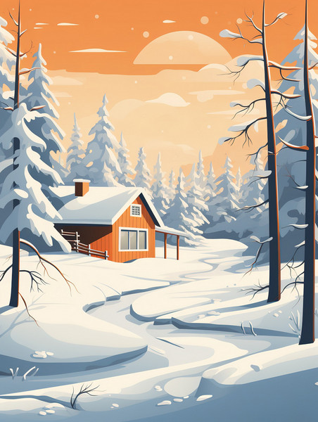 潮国创意白雪包围的冬季小屋13冬天雪地大雪扁平插画