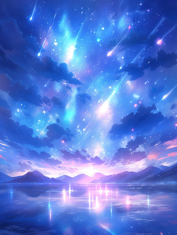 创意淡蓝色的星空梦幻极光插画流星雨梦幻唯美