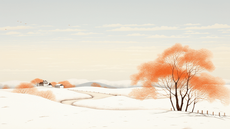 潮国创意橙色冬季雪景插画20冬天中式简约持续