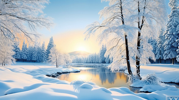 创意冬天阳光与湖过的树冬天冬季雪地雪景