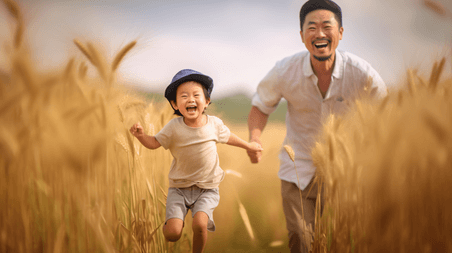 潮国创意父亲节父子快乐人像在稻田里跑