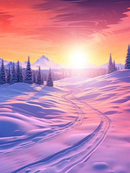 潮国创意雪地雪山美丽绚丽的日落1冬天冬季雪景树林日落夕阳