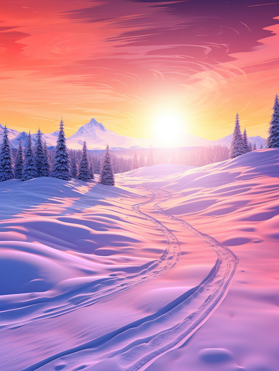 潮国创意雪地雪山美丽绚丽的日落1冬天冬季雪景树林日落夕阳