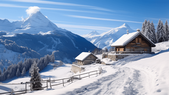 潮国创意冬日雪地中的木屋冬季风景雪景