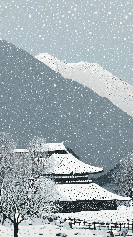 潮国创意蓝色点彩肌理磨砂冬景雪景插画中国风意境