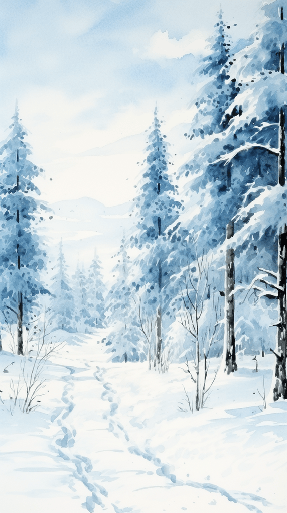 创意简约水彩冬天雪天森林雪地雪景插画