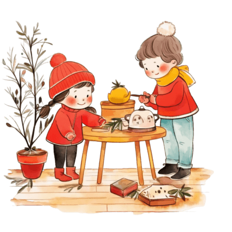 潮国创意可爱孩子冬天植物卡通手绘元素春节美食下午茶煮茶