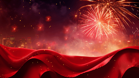 创意中国红春节红绸大气烟花背景