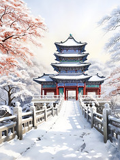 创意冬季中国建筑淡水彩画1素材雪地插画冬天故宫