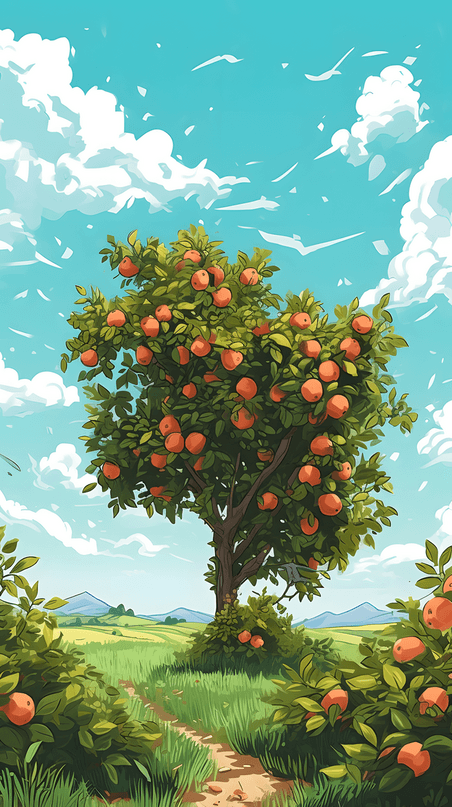 创意夏日清新果树果园桃园插画水果卡通
