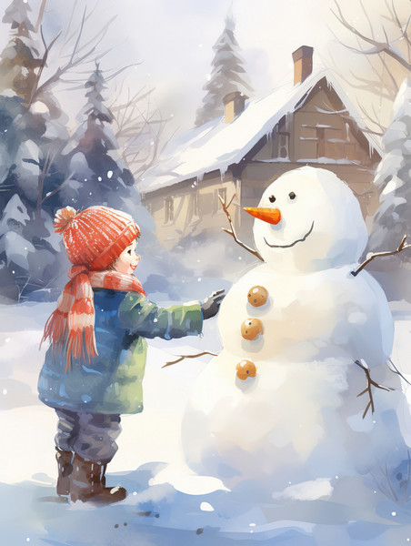 潮国创意院子里的雪人和小男孩1堆雪人冬天
