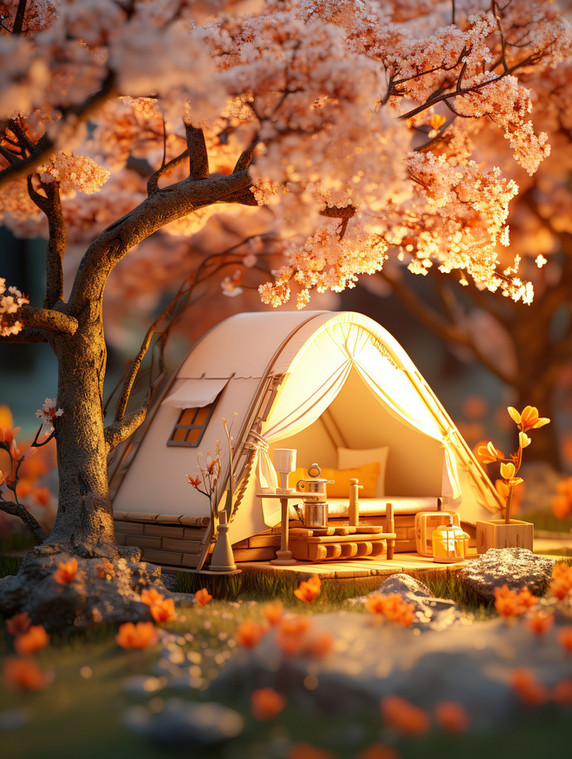 潮国创意樱花树下的帐篷露营13春天