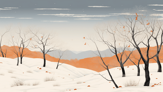 创意冬季天野雪地枯树插画5简约抽象扁平夕阳
