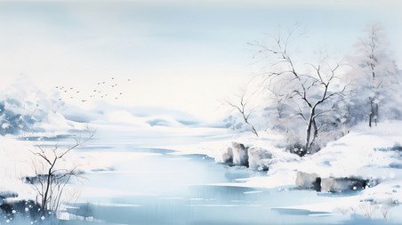 潮国创意宁静的冬季景象水彩画15中国风意境山水冬天雪景