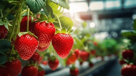 创意新鲜成熟的草莓特写大棚水果植物