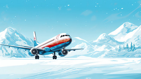 创意冬天雪地背景的飞机交通工具卡通航行