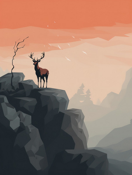 创意一只鹿的剪影插画15美式漫画风扁平动物