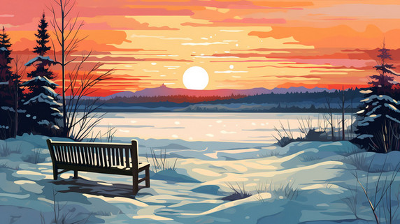 潮国创意日落时在湖边有一张长椅12冬天冬季夕阳长椅风景