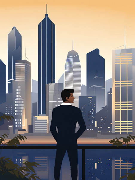 创意商人站在现代大城市中8扁平剪影插画老板商务人士