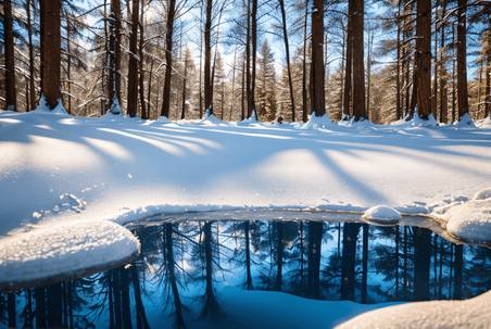 创意冬天冬日冰雪森林湖泊水面雪景摄影图