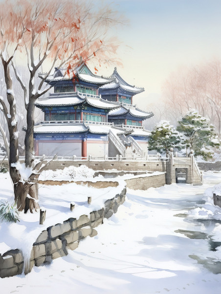 创意冬季中国建筑淡水彩画15插画古建筑冬天雪景