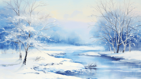 潮国创意唯美冬季风景大雪风景场景背景冬天雪景森林水彩