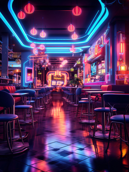 潮国创意霓虹灯下的现代复古风格咖啡馆3赛博朋克酒吧