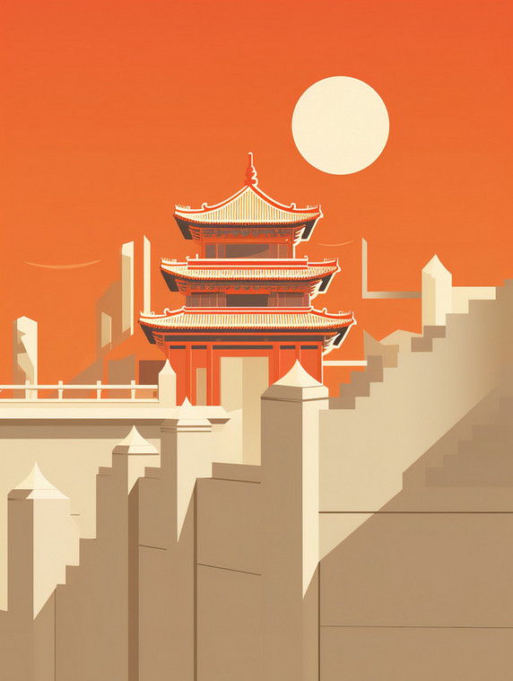 潮国创意宫殿建筑屋檐优雅橙色11撞色简约几何