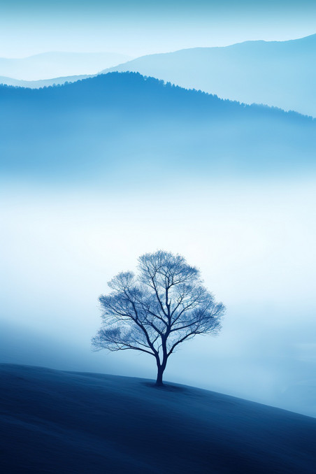 创意浅蓝色雾蒙蒙孤独的树14大雾意境抽象植物风景清冷感冬天