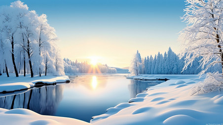 创意冬天阳光与湖过的树13冬天冬季雪地雪景