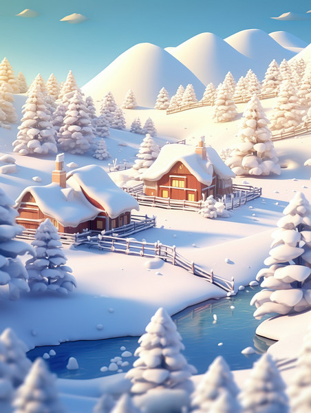 创意冬季雪景雪乡雪谷7插画设计冬天微景观雪景雪地