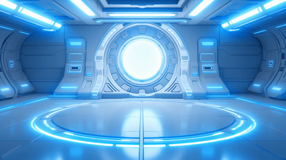 潮国创意蓝色的飞船内部抽象科技科幻飞船内部电商背景