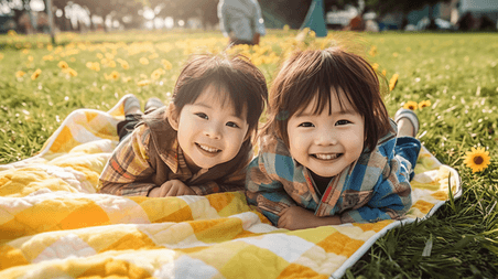 潮国创意孩子们躺在草地上儿童亚洲人像