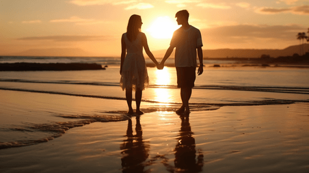 潮国创意夕阳下沙滩上牵手的情侣情人节浪漫
