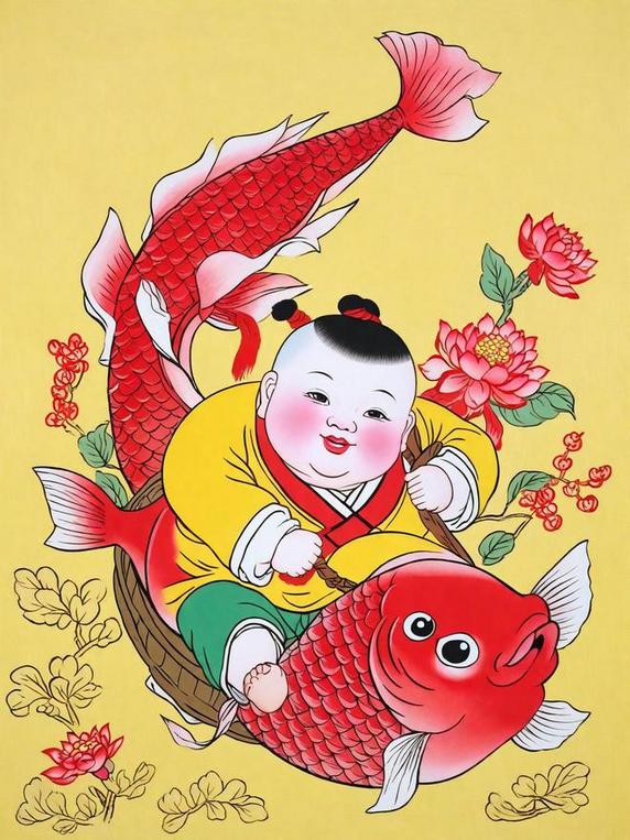 创意传统新年民俗年画红鲤鱼和胖娃娃插画图片春节福娃