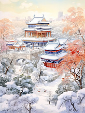 创意冬季中国建筑淡水彩画11插画古建筑冬天雪景